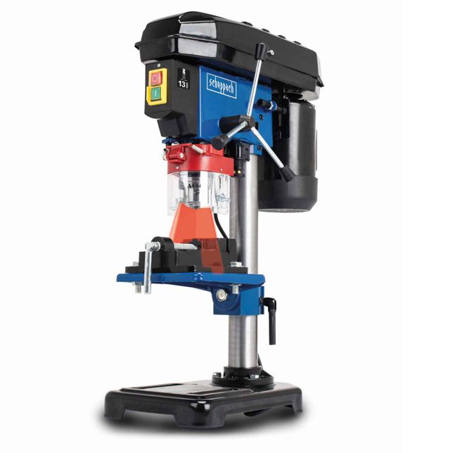 Scheppach pillar drill with control panel and adjustable base. Ideal for precise drilling.